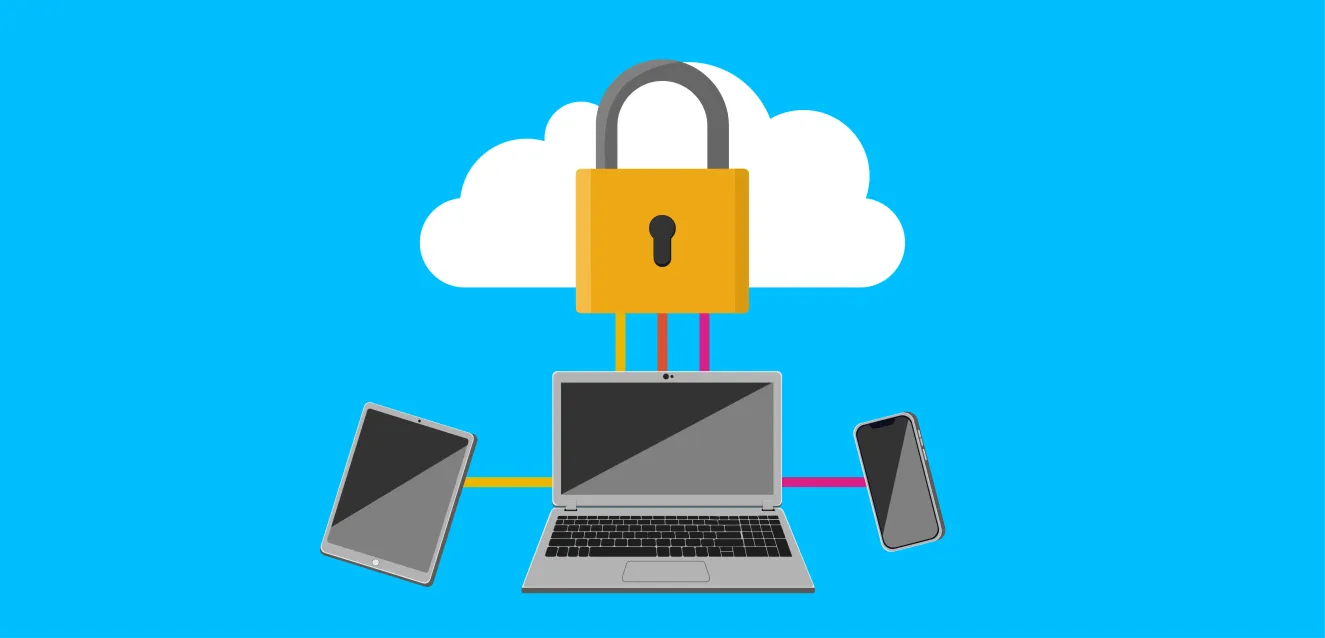 Three different electronic devices connected to a locked padlock on a blue background