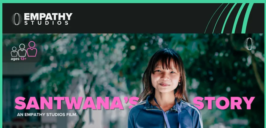 An image of a teacher standing outside with trees in the backdrop with the text 'Santwana's Story'