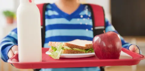 An image of a child holding a tray with a school dinner on.
