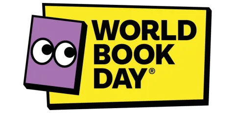 The World Book Day Logo which is a purple rectangle to resemble a book which has eyes
