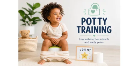 Smiling toddler sitting on a potty chair beside the text "Potty Training – Free webinar for schools and early years."