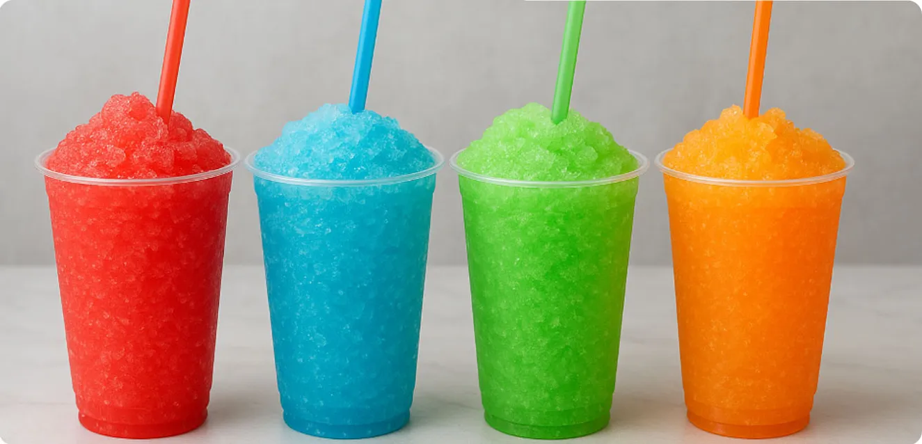 A picture of four colourful ice slush drinks