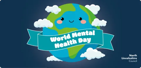 A World Mental Health Day logo which has a sash around the earth globe that says ' World Mental Health Day'