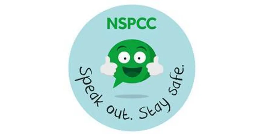 An image of a NSPCC logo with a green emoji character with a big smile and both thumbs up with the text 'speak out. stay safe'.