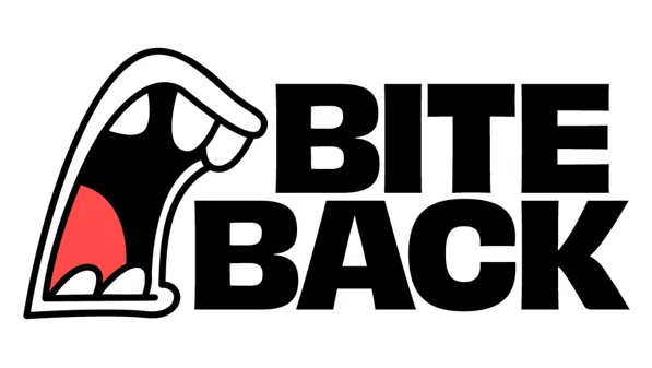 A logo for Bite Back. This has an image of a cartoon mouth biting towards the text 'Bite Back'.